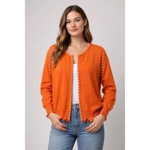 Orange Pearl Detail Trim Distressed Cardigan 100% Viscose Sweater Size XL